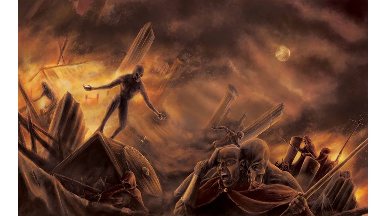 Illustration shows a horror scene in various dark shades of humanoid figures in a destroyed landscape with rubble, columns, and a dark, fiery sky.