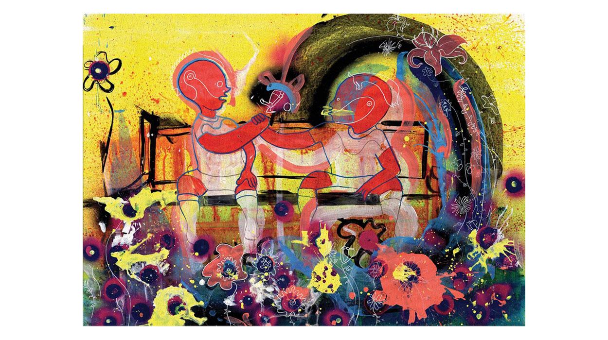 Abstract illustration shows two abstract people sitting on a bench surrounded by colourful flowers and swirls against a vibrant yellow background. The colours include yellow, black, red, blue, and purple.