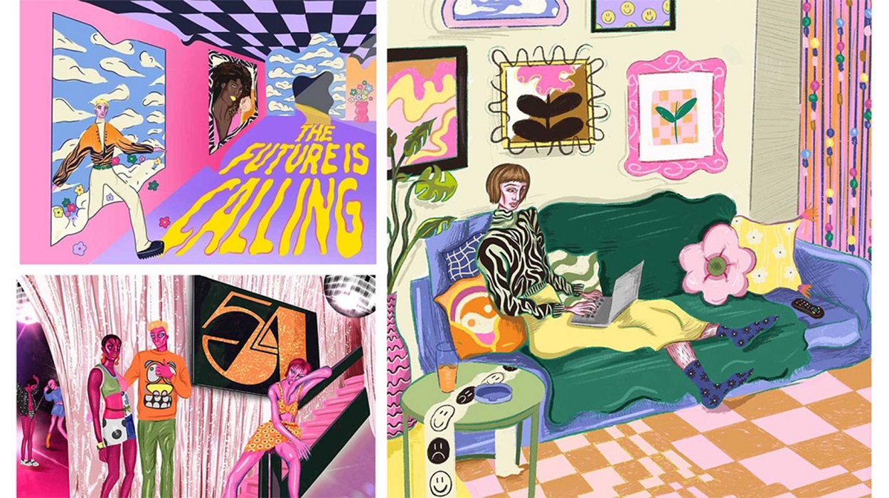 There are three illustrations, all of which depict people in eclectic, stylish outfits in different settings. They all feature an abstract design using a wide variety of colours. The first illustration has bold text which reads ‘The Future is Calling’.