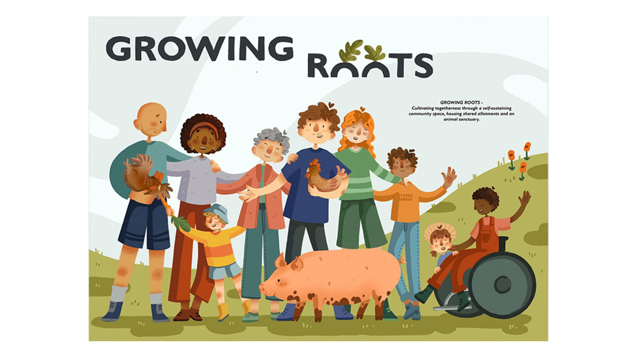 Illustration of a diverse group of adults and children of differing ages, genders, ethnicities, and disabilities. diverse people. They are holding chickens and vegetables. and are standing next to a pig. The title is 