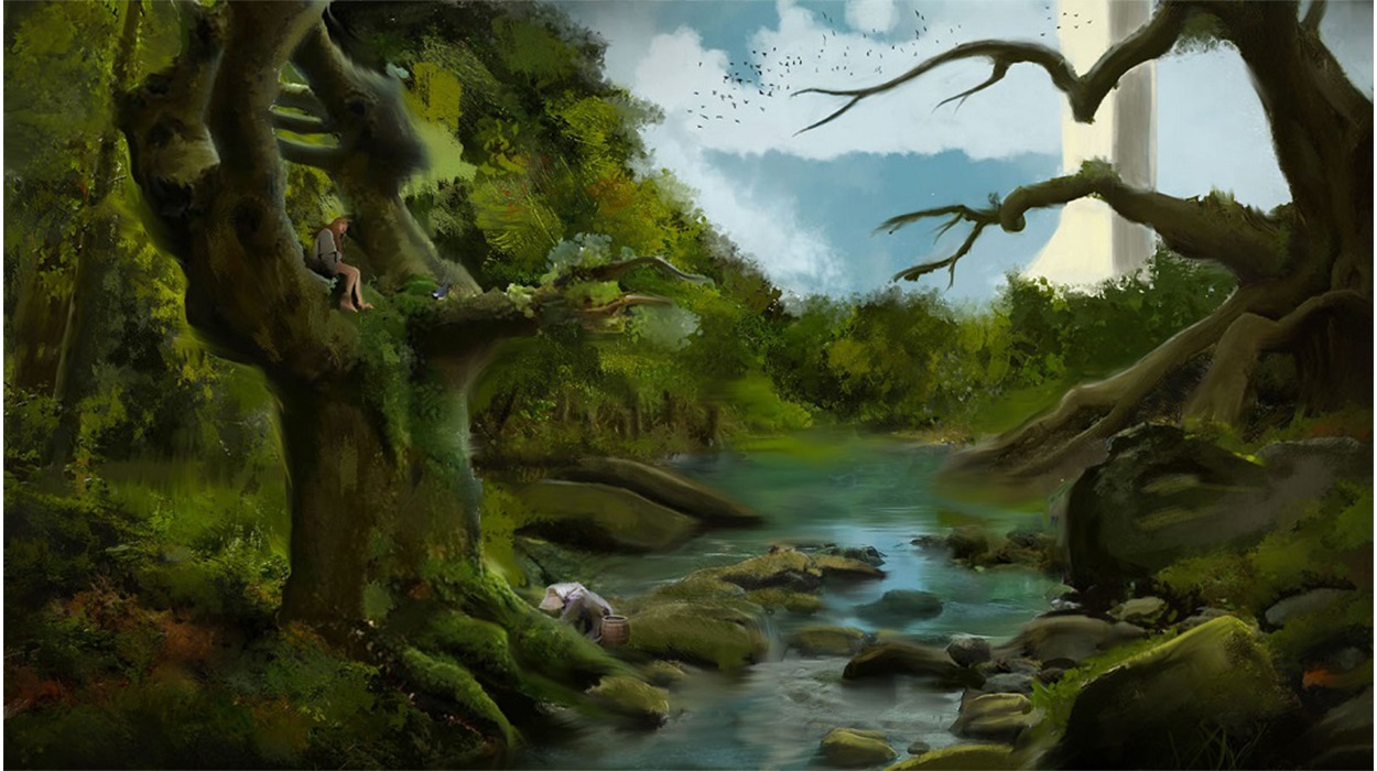 The illustration shows a wooded area with large trees and tree trunks. There is a brook going through the middle of the trees. There is a figure sitting in a tree trunk. In the distance, birds fly in the sky, and a tall structure is visible.