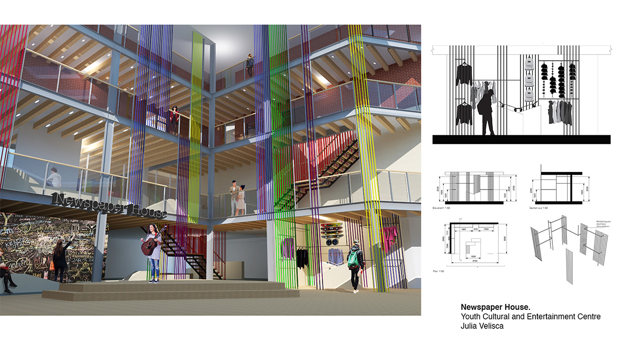 Interior design of Newspaper House, a youth cultural and entertainment centre, featuring colourful hanging elements, staircases, and a central open space. Architectural plans are shown on the side.