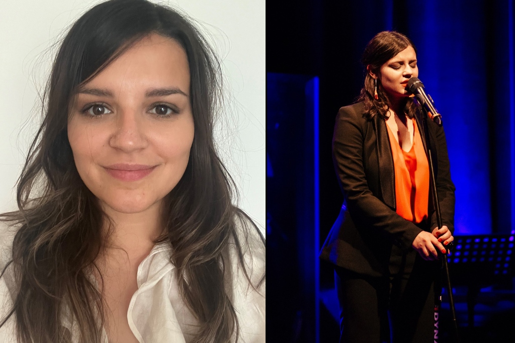 Split image: Left side shows a woman with long dark hair smiling at the camera; right side shows her singing into a microphone on stage, wearing a black suit and orange top.