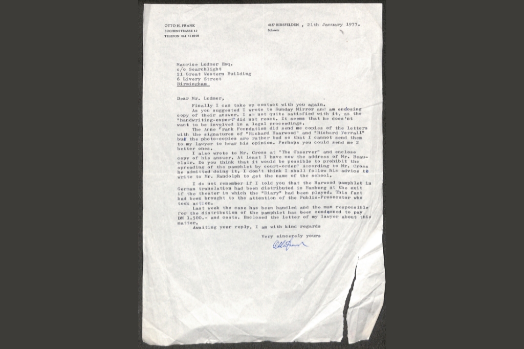 A typed letter dated January 21, 1977, addressed to Maurice Lubner from Otto Frank, discussing correspondence and responsibilities related to the Anne Frank Foundation.