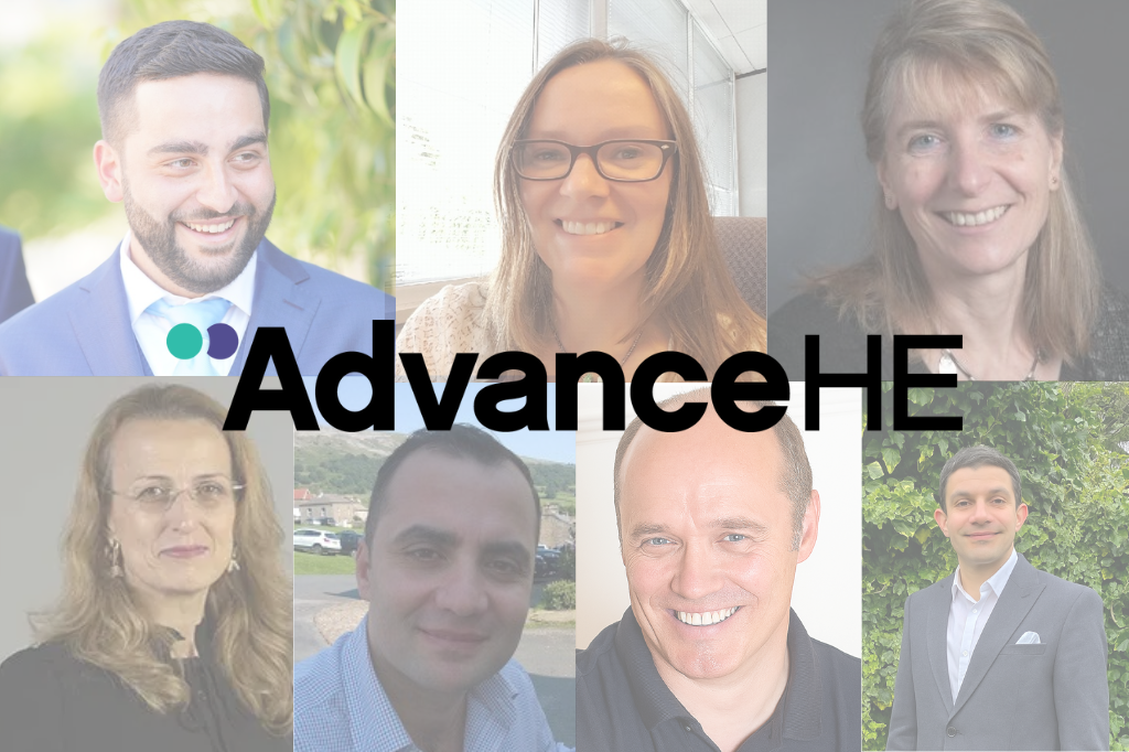 A collage of seven professionally dressed people, with the logo "Advance HE" displayed prominently in the center.