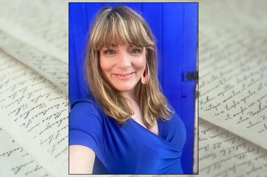 A woman with shoulder-length blonde hair and bangs, wearing a blue top, stands in front of a bright blue door; a background of handwritten letters surrounds the photo.