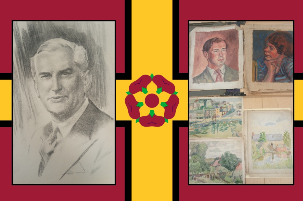 A grayscale portrait drawing of a man is on the left; on the right are painted portraits and landscapes, all overlaid on a maroon and yellow background with a floral emblem in the center.