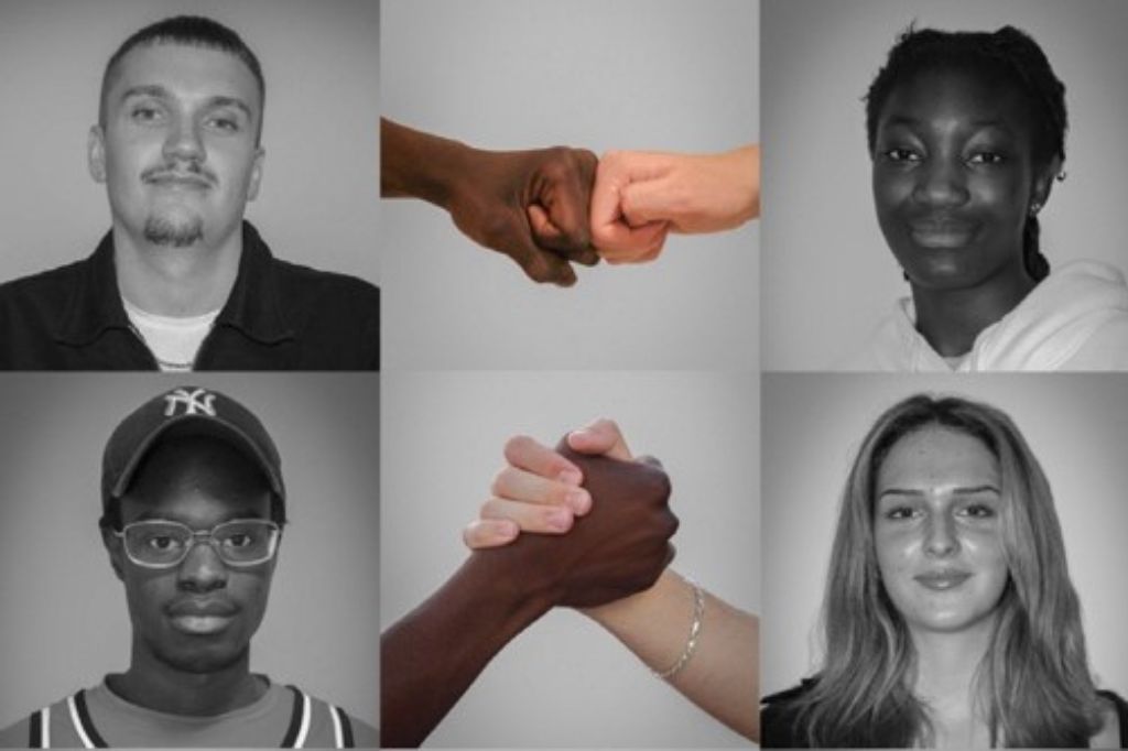 A collage shows four individual portraits and two images of hands greeting: one fist bump and one handshake between people of different skin tones.