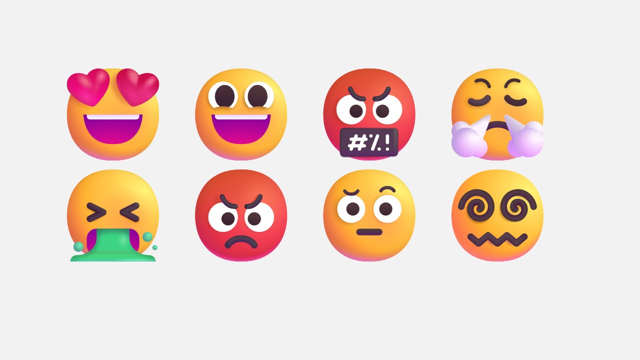Eight colourful emojis displaying various emotions: love, excitement, anger, relief, disgust, frustration, suspicion, and dizziness, on a plain white background.