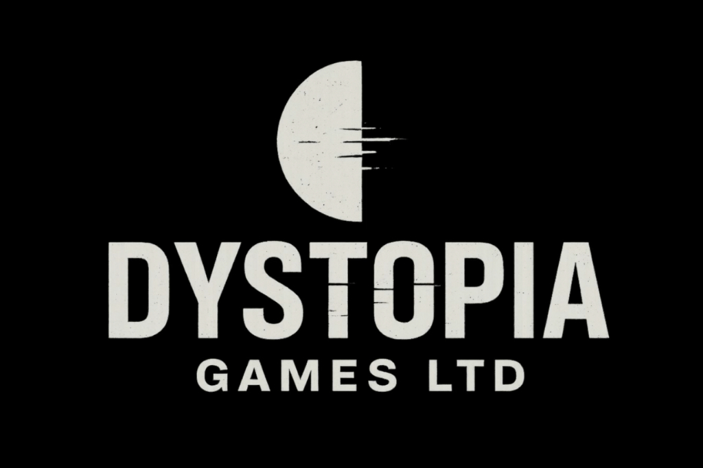 'Dystopia Games' logo in white in front of black balckground.