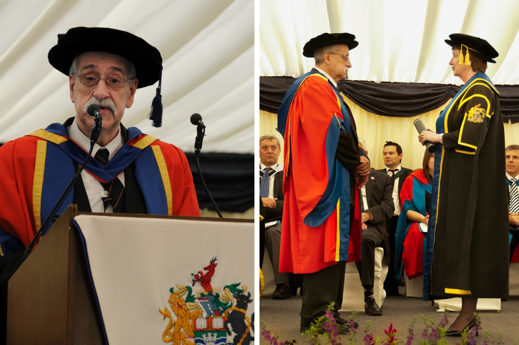 Gerry Gable sreceived his award at graduation, smiling at camera in graduation hate and gown. A second picture shows him shaking a hand on stage.