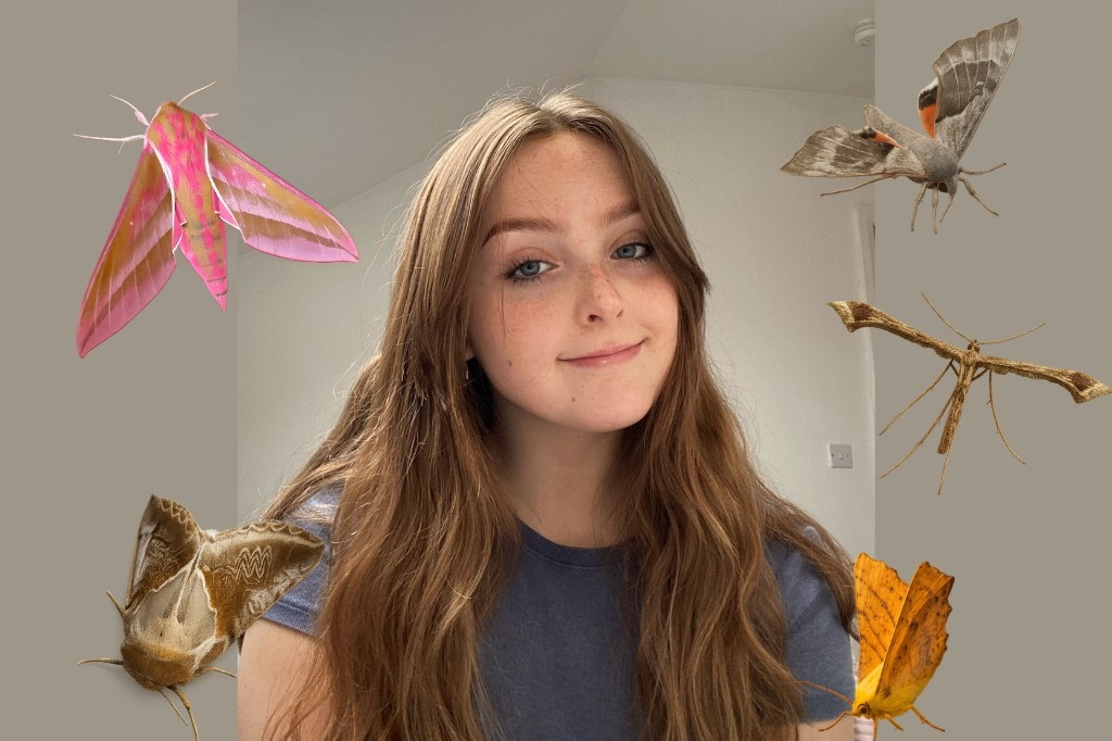Student smiles at camera surrounded by snippets of photos she's taken of moths in all shades of colours, including pink, yellow, brown and orange.