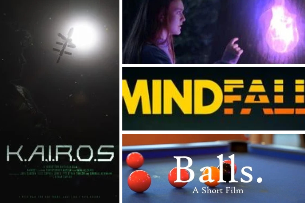 Collage of four film titles - KAIROS, Mindfall, Balls, and A Wishing Star.