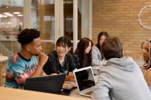 A group of students have a discussion during a seminar at Nagoya University, Japan.