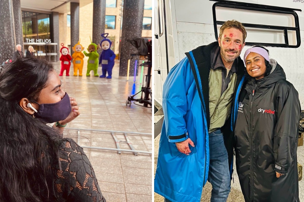 Two photos side by side - one shows two people with their arms around each other and smiling at the camera, and the second shows Mirusha smiling to the right with teletubbies stood in front of her.