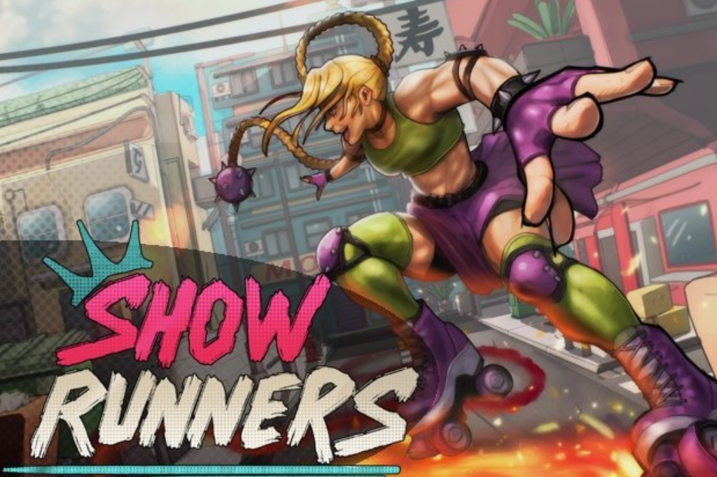 Screengrab from Showrunners game which shows a female skater next to title of game.