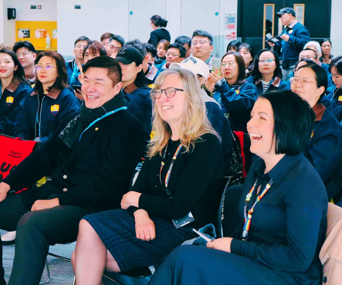 Dr Cathy Smith, UON Dean of Research and Knowledge Exchange and UON COO Becky Bradshaw, centre right, flanked by the 40-strong delegation from Amity University.