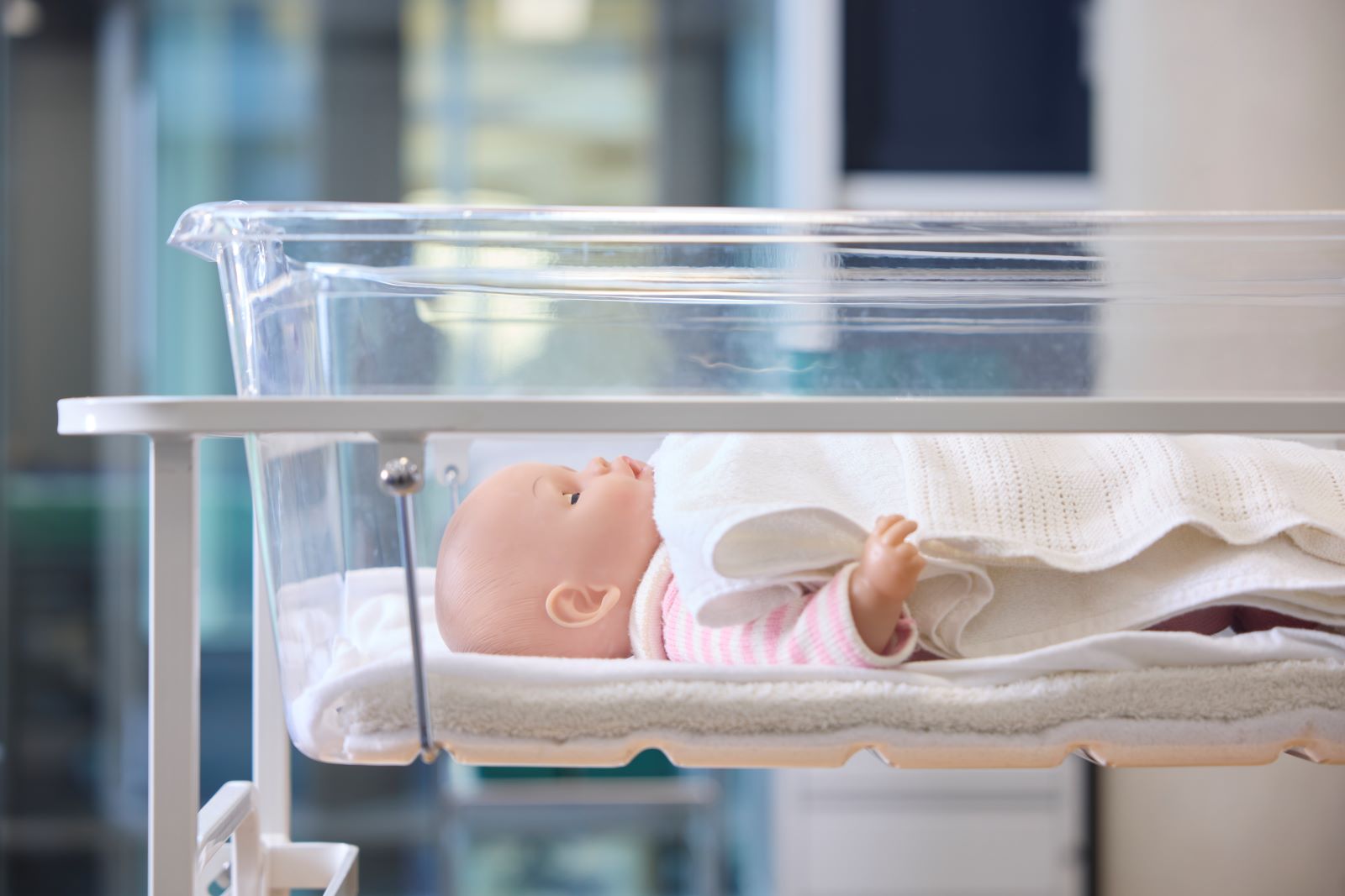 Baby mannequin lying in a maternity ward crib.