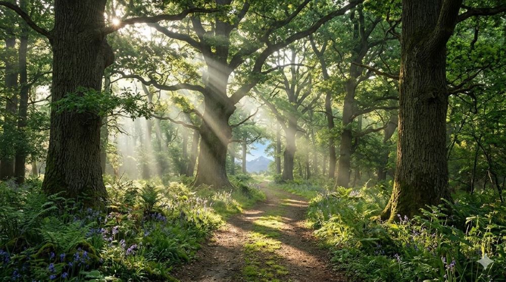 An idealised image of English woodland. Sunlight shines through the trees on either side of a single track road. On the ground are green grasses, as well as bluebells and ferns.