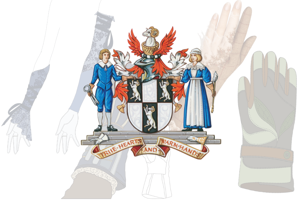 Crest for Worshipful Company in front of glove design sketches.