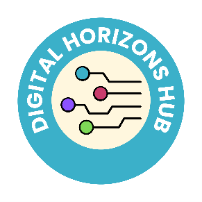 Digital Horizons Hub logo. Shows 4 different colours circles connected to lines. Looks like a switchboard.