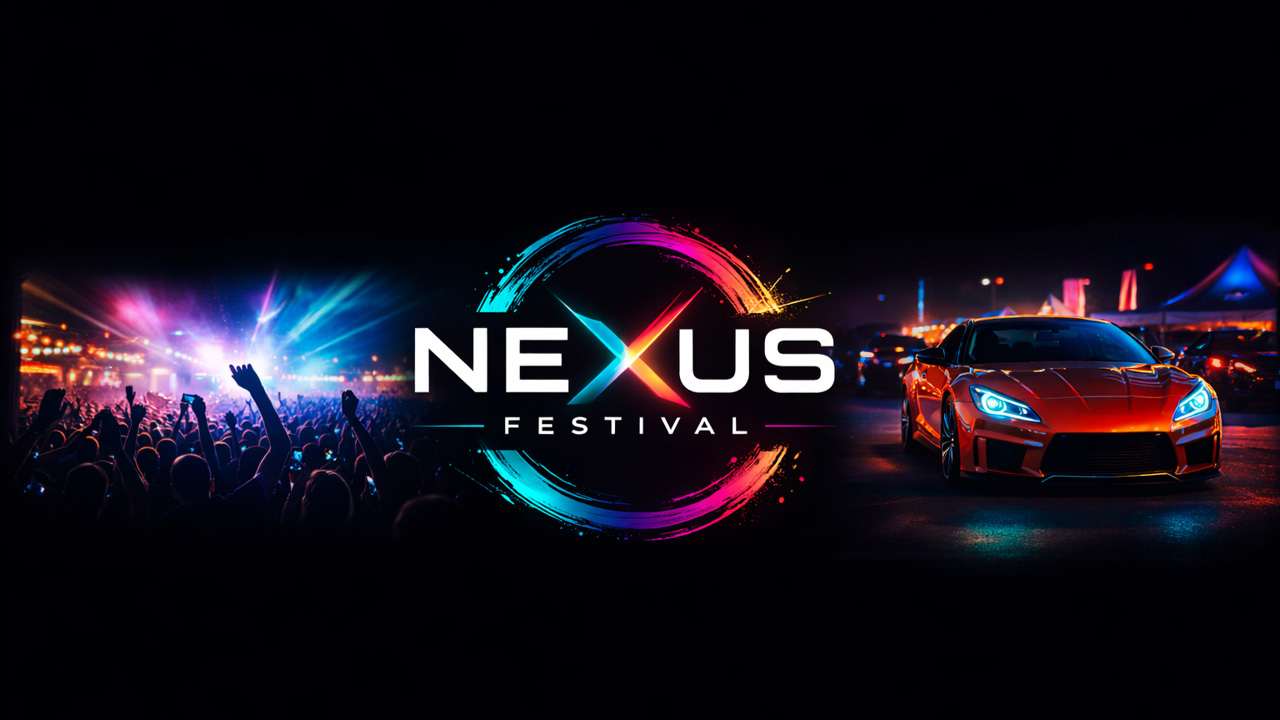 Nexus Festival Home screen consisting of 3 images: the first is of a crowd at a festival in the dark, the only light coming from the screens and the phones in people's hands. The second is the 'Nexus festival' logo, within a brightly coloured circle with the 'X' of Nexus in the same blue and pink. The third image is a red sports car in front of a circus.