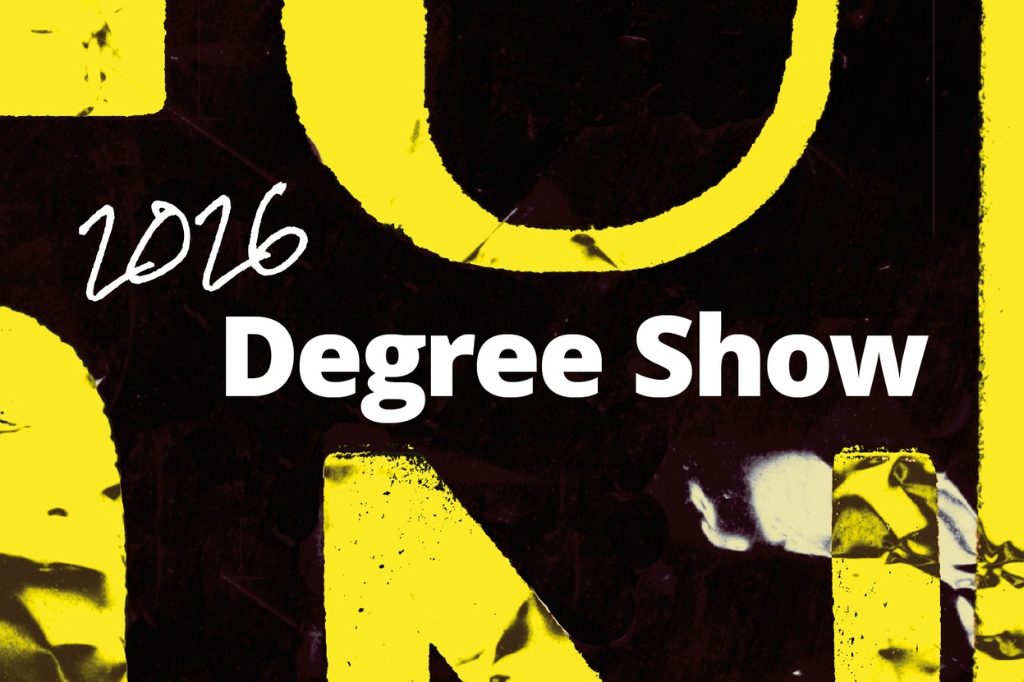 White writing of '2026 Degree Show' in front of black background with yellow swirls.