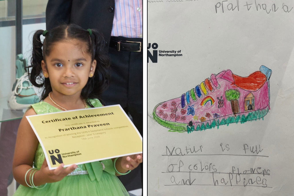 Two pictures side by side. In the left, a young girl smiles and holds a certificate up to the camera. On the right is a sketch of a shoe with trees and flowers on.
