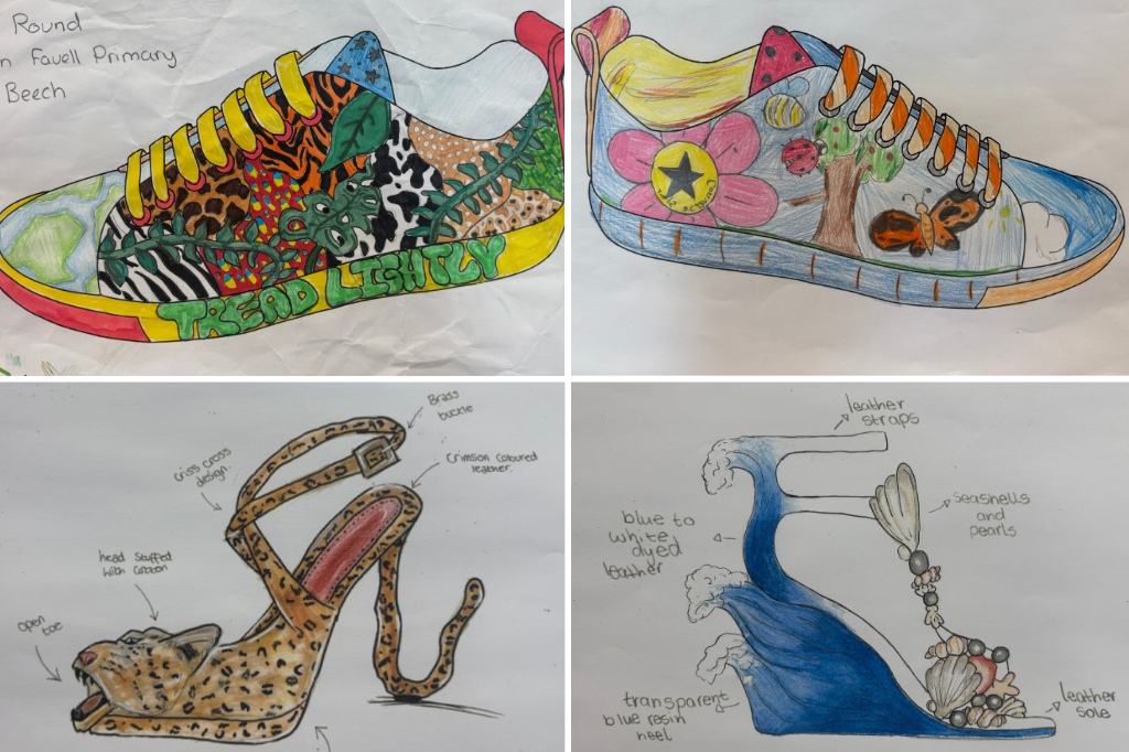 Four images of shoe sketches side by side. The images have been coloured in, and show designs with flowers, trees and ocean waves.