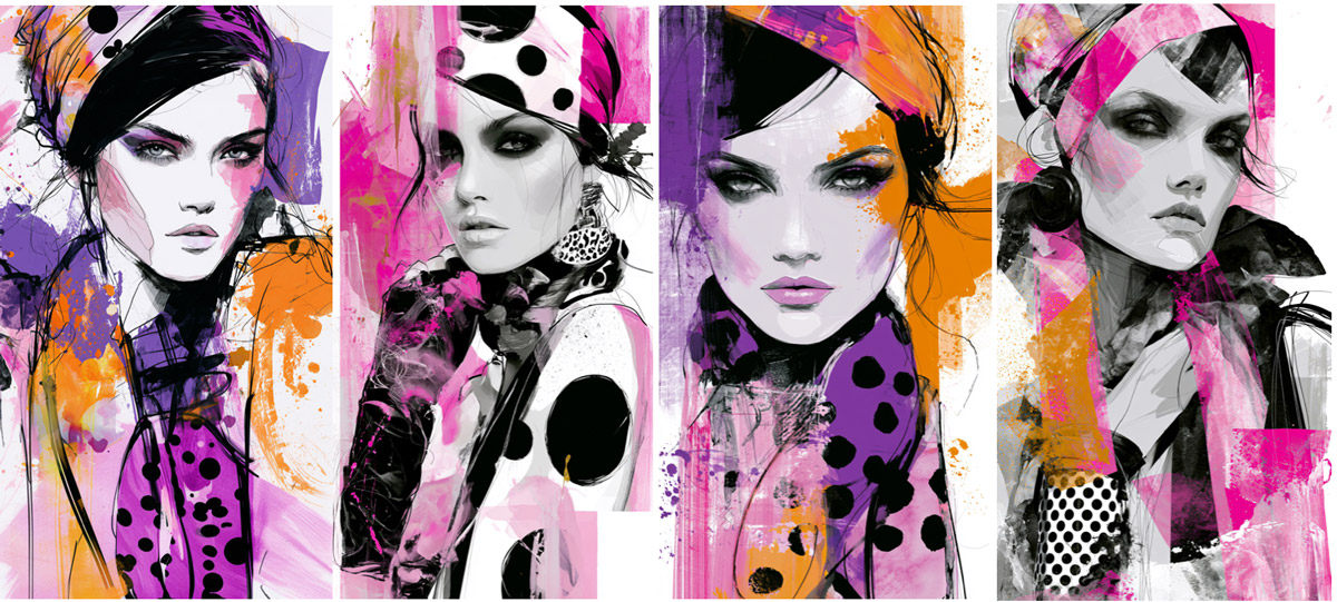 Four fashion illustrations exploring the use of expressive line, texture and colour. Each individual illustration features a stylised fashion model wearing patterned accessories and garments, using bold black gestural line work with vibrant pink, purple and orange tones, layered textures and graphic shapes to demonstrate contemporary fashion illustration techniques and creative visual communication.