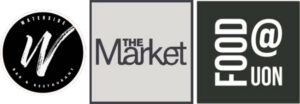 Three food logos: Waterside Bar and Restaurant, The Market, and Food @ UON.