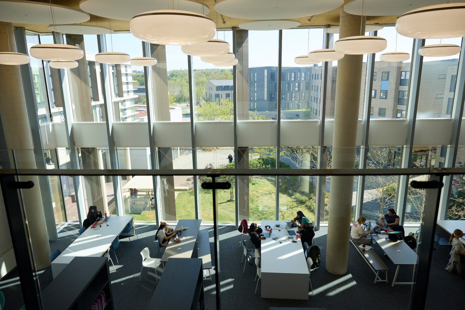 Aerial shot of the Learning Hub at the Waterside campus, taken from above and looking out of the windows