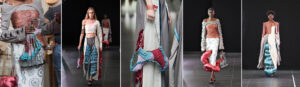 Collage of five images from the Northampton Fashion Show on 18 June, showing catwalk photography of fashion models wearing student designed fashion collections, complete with accessories.