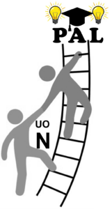 UON PAL logo: Depicting one person climbing a ladder, while reaching to help another person up. At the top of the ladder is the acronym 'PAL' with a mortarboard and two lightbulbs.
