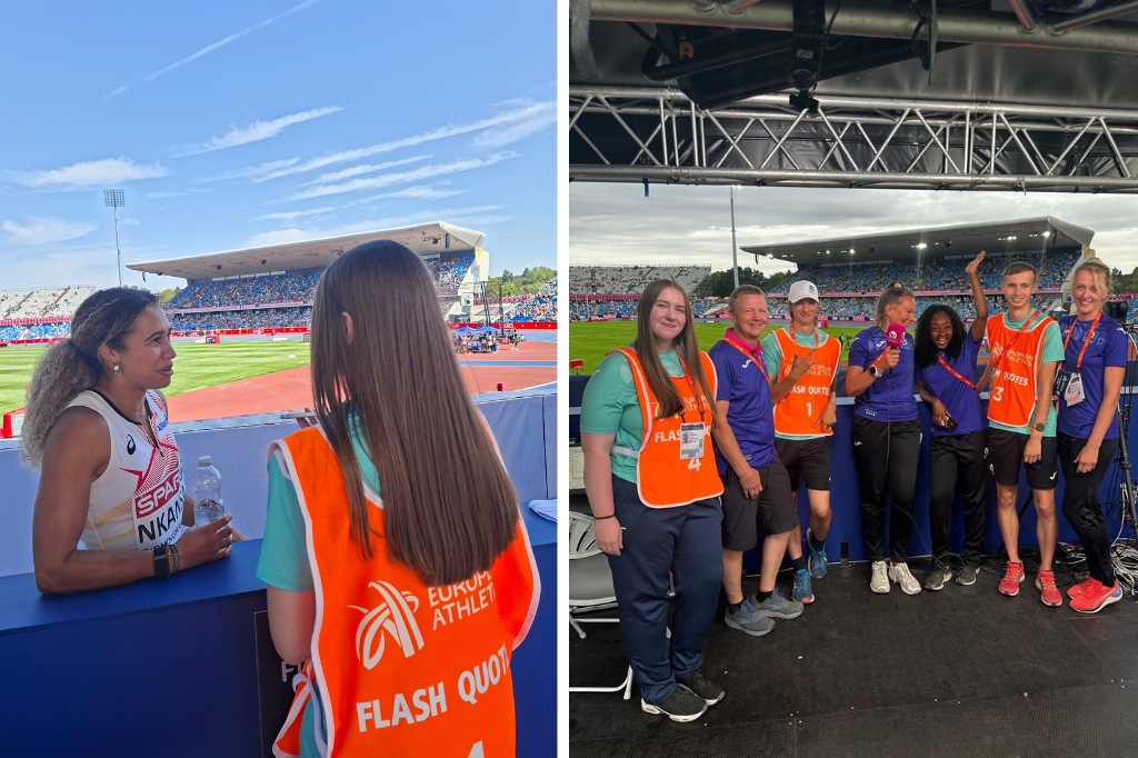 Two photos side by side. On the right is a group picture of the students stood side by side, and on the left is a student holding a microphone up to an athlete, with a sports stadium behind them.