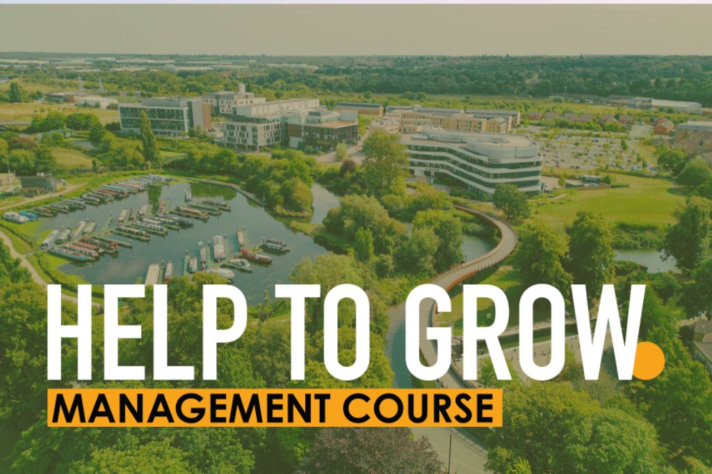 Aerial image of the leafy Univeristy of Northampton Waterside Campus with the Help to Grow logo laid over the top.