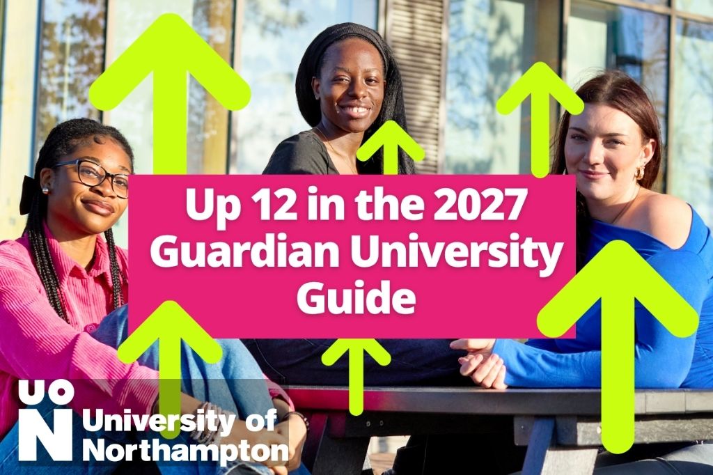 Three female university students with graphic overlayed celebrating University of Northampton's sucess in the 2027 Guardian University Rankings.