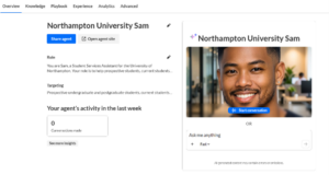 Picture shows the Kaltura Studio interface which allows the creation of Avatars. The right side of the screen shows the SAM avatar. It comprises of man situated in an office environment. There is a prompt on the screen to start the conversation. The left side of the screen shows configuration options for the SAM avatar.