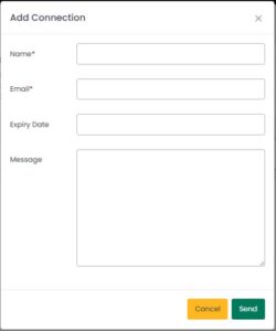 Screenshot of 'Add Connection' request box from UON Award and Verification Portal. There are four open text boxes: Name, Email, Expiry Date, and Message, followed by a yellow 'Cancel' button and a green 'Send' button.