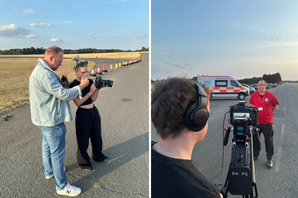 Two photos side by side which show people looking into a camera and conducting interviews.