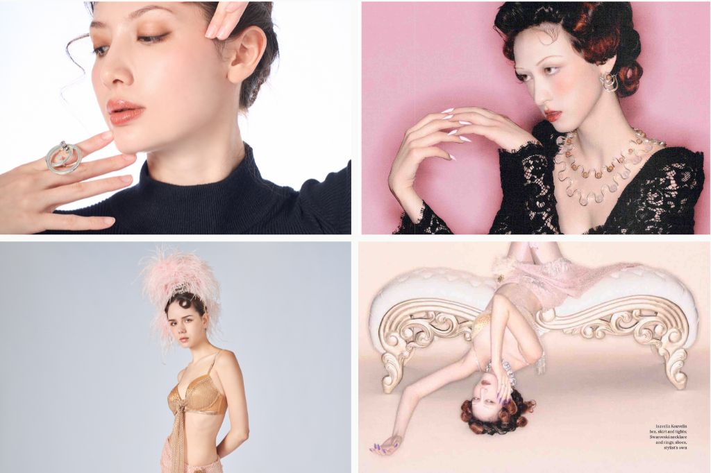 Examples of work by Fashion Design graduate Isavella Kouvelis and Jewellery Design graduate Chen Si Hang.