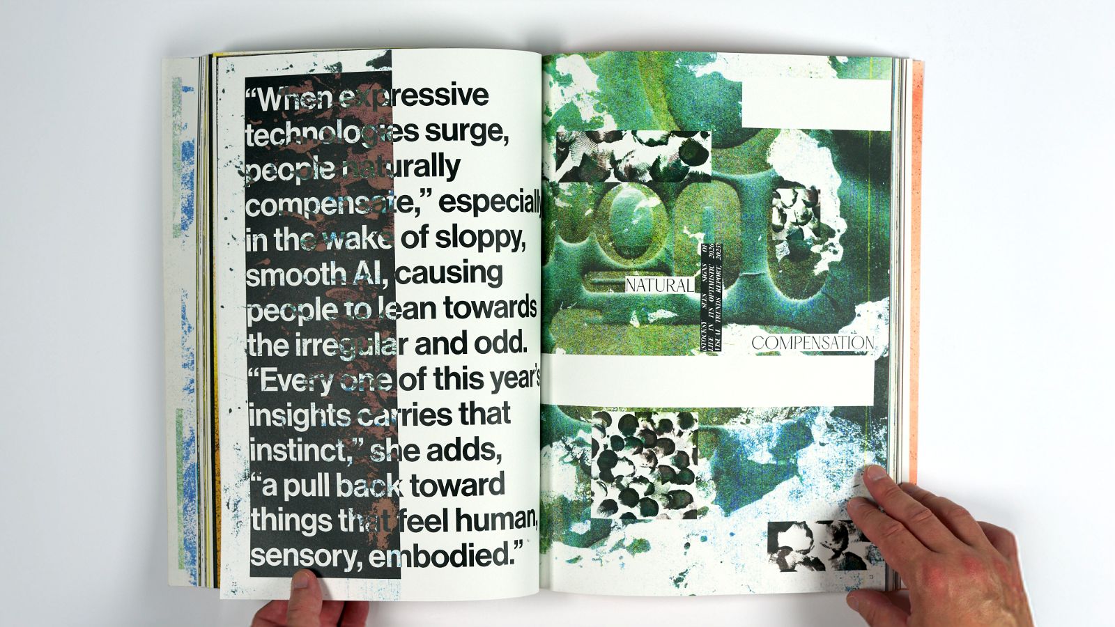 Open publication design project featuring experimental typography, layered imagery and textured graphic elements across a double-page editorial spread.