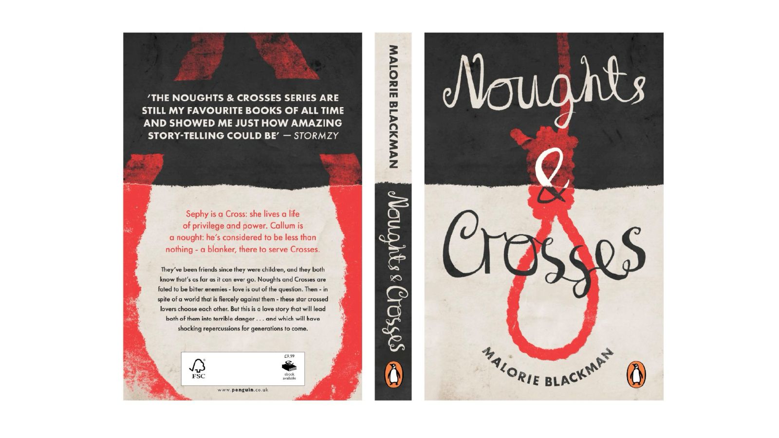 Student-designed book cover redesign for Noughts & Crosses by Malorie Blackman, featuring hand-drawn typography, a red noose graphic and a bold black, white and red colour scheme.