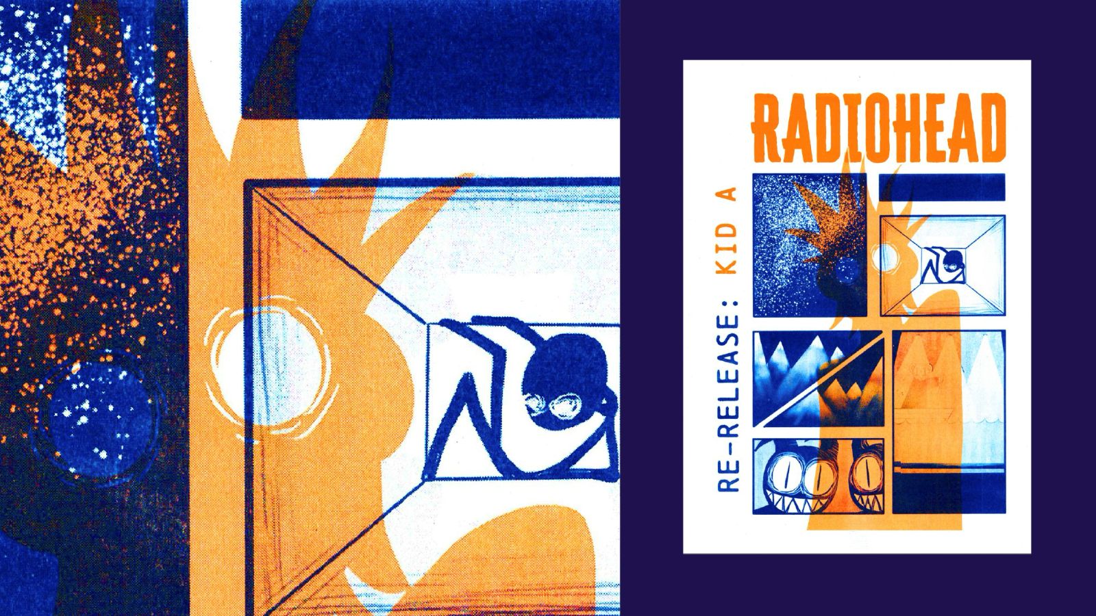 Student-designed promotional poster for a Radiohead Kid A re-release, featuring experimental illustration, bold typography and a limited blue-and-orange colour palette.