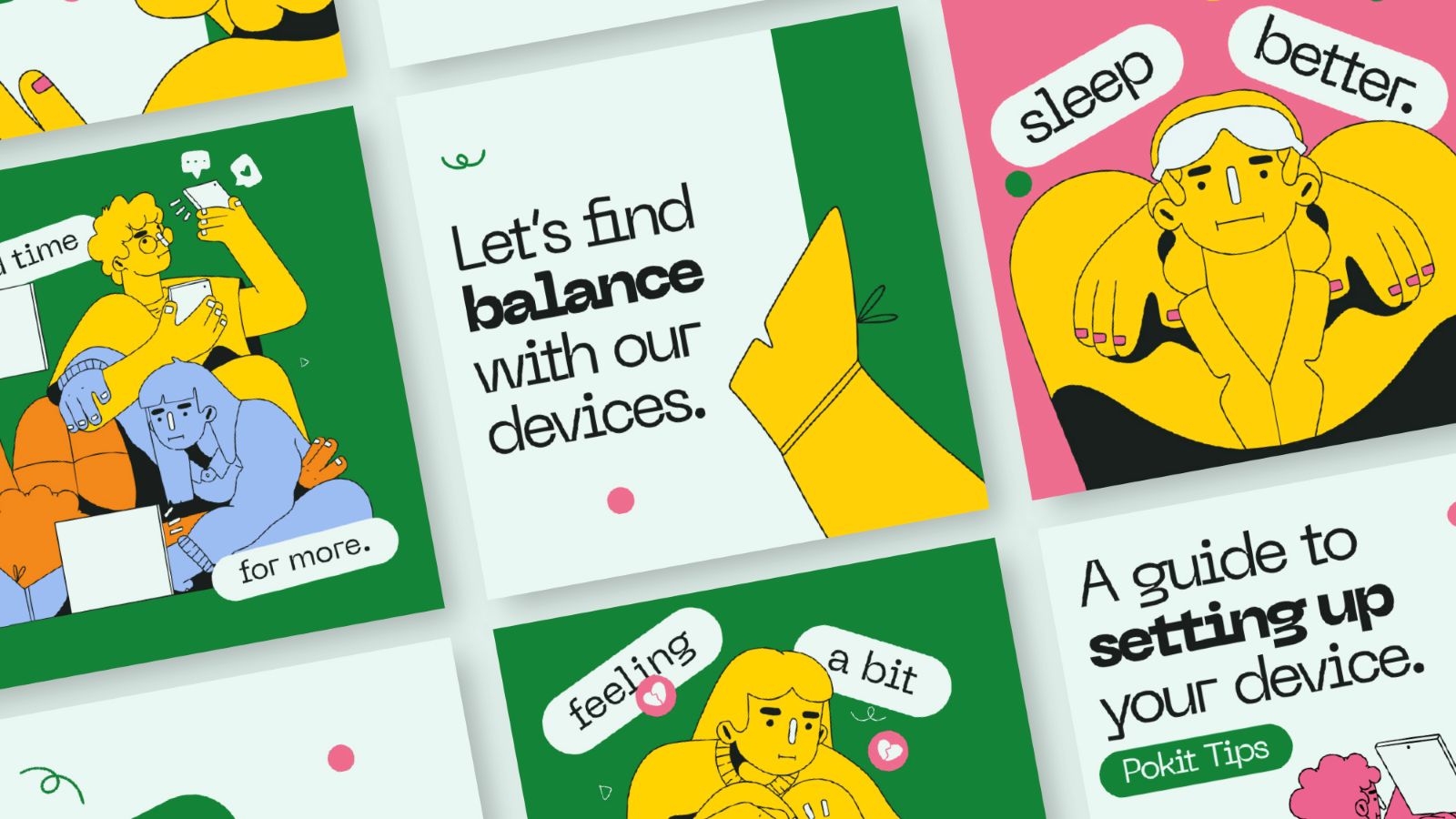 Illustrated digital campaign promoting healthy technology use, featuring colourful character designs, bold typography and social media-style layouts