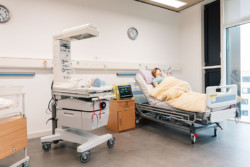 Close up showing the bed and ward from the Midwifery Skills Lab