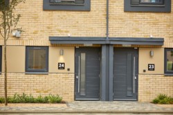 Outside view of two townhouses on the student village road at Waterside campus