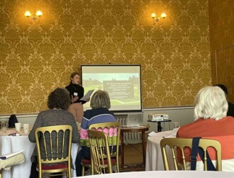Dr Jemima Hubberstey presents a history paper at the Wellbeing Past and Present Workshop at Wrest Park, 28 April 2023