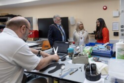 Mayor and Mayoress of Northampton Cllr Stephen Hibbert and Liz Cox are pictured talking with Senior Lecturer Krishna Gohil during a tour of the Podiatry Clinic’s Orthotics Lab.