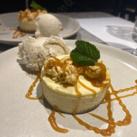 Toffee Popcorn Cheesecake, served with Vanilla Ice Cream
